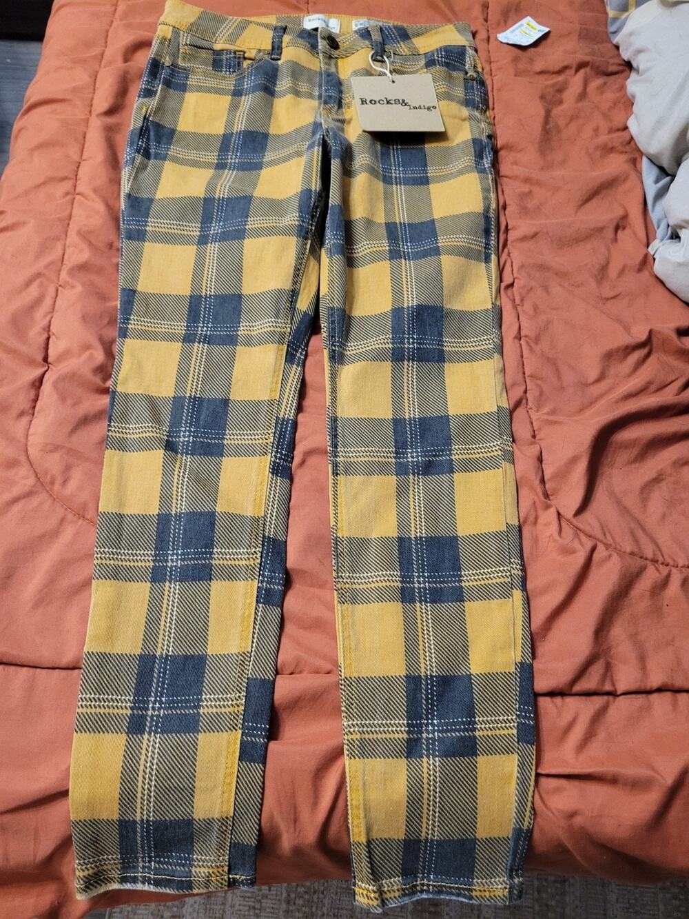 Rocks & Indigo Women's Plaid Pants Blue Yellow Jeans Size 12 / 30